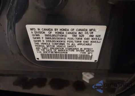2006 Honda Pilot Ex-L from USA, damaged, VIN 2HKYF18716H532409